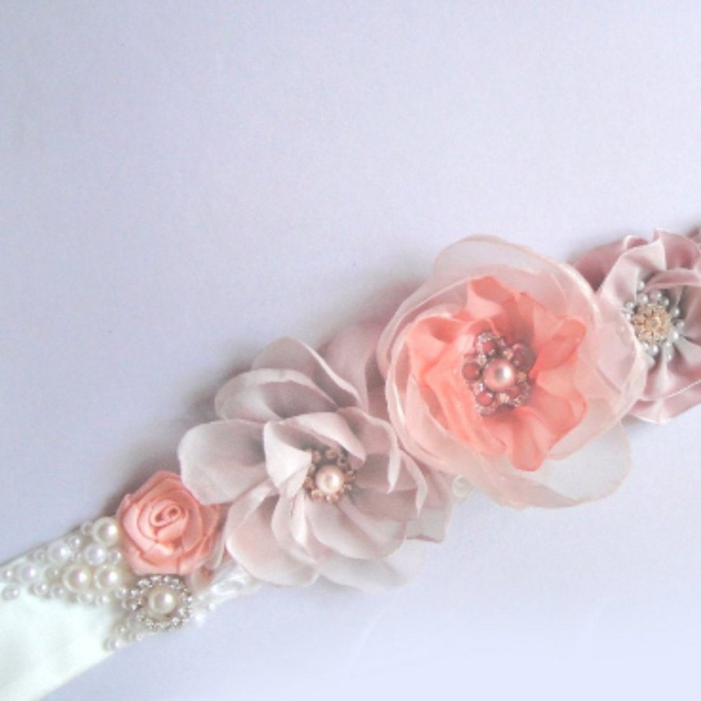 Bridal Wedding Sash Belt White-Salmon-Ivory New